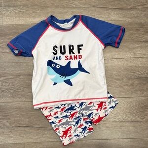 Surf and Sand Kids Shark Rashguard and Short Set - Blue, White, and Red